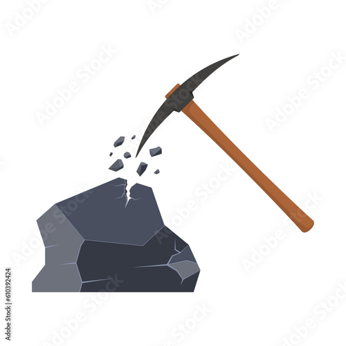 Vector icon of a pickaxe and a cracked stone in a flat style. The concept of mining.