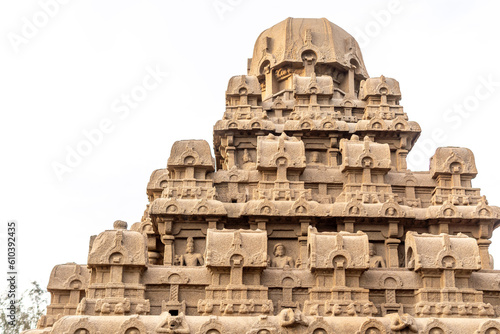 Excellent carving of pancha ratha at mahabalipuram. Monolithic architecture of cuttings from rocks made by pallavas photo