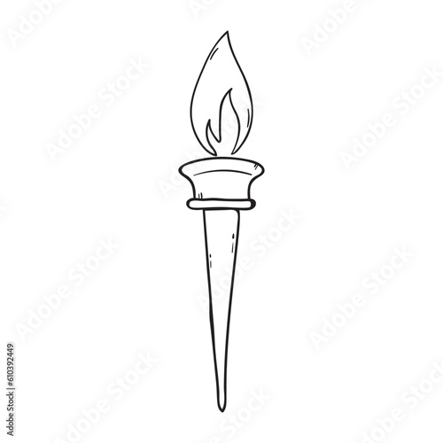 Burning torch with flame hand drawn vector icon. Isolated illustration on white.