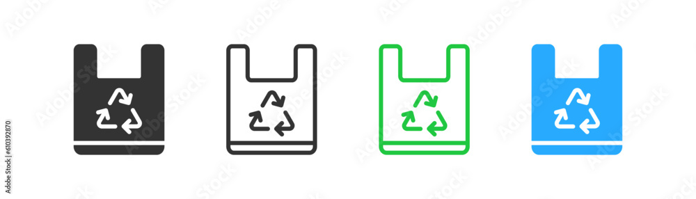 Recycle plastic bag icon on light background. Shopper symbol. Save world, eco bag, reusable, ecology. Outline, flat and colored style. Flat design. Vector illustration Recycle plastic bag icon on light background. Shopper symbol. Save world, eco bag, reusable, ecology. Outline, flat and colored style. Flat design. Vector illustration
