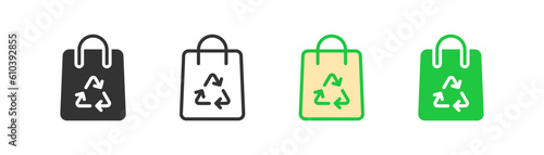 Shopping bag icon on light background. Recycle symbol. Garbage, waste, eco bag, reusable, textile, shopper. Outline, flat and colored style. Flat design. Vector illustration