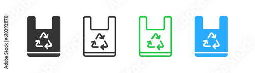 Recycle plastic bag icon on light background. Shopper symbol. Save world, eco bag, reusable, ecology. Outline, flat and colored style. Flat design. Vector illustration