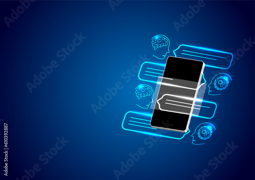 chatbot, chat with ai. Digital chat bot. Human ask bot. Bot conversation. Smart ai chat bot communicates with human. Technology blue background