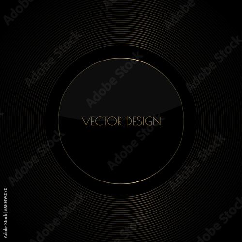 Vector abstract black premium background with golden circle frame. Modern luxurious elegant backdrop in dark color and glass effect for exclusive posters, banners, invitations, business cards.