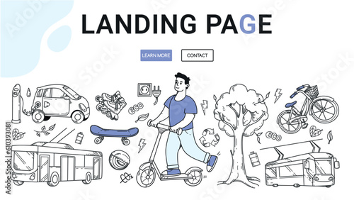 Doodle urban eco transport landing page. Young man on scooter hand drawing vector Illustration. Electric car, bicycle, skateboard, roller skates, monowheel, public bus and tram sketch set.