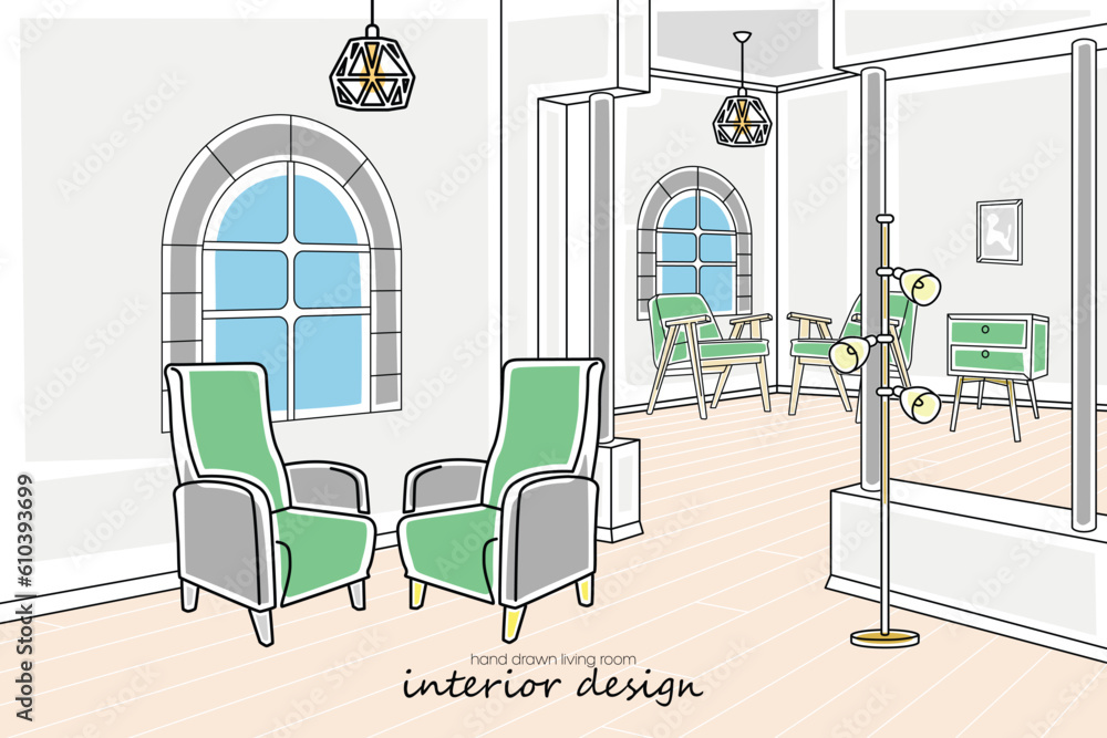 Fototapeta premium Hand drawn modern living room