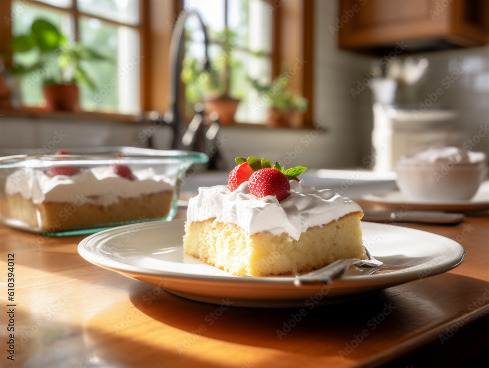 Tres leches cake with whipped cream and fresh berries on top, in the kitchen. Traditional cake from Latin America. Tres leches cake with whipped cream and fresh berries on top, in the kitchen. Traditional cake from Latin America.