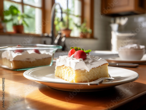 Tres leches cake with whipped cream and fresh berries on top, in the kitchen. Traditional cake from Latin America. 