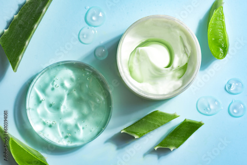 Aloe vera plant leaves and cosmetic gel photo