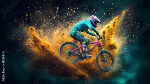 Cyclist on sandy terrain, powerful explosion of dust with Generative AI.