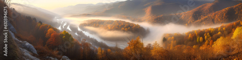 Stunning autumn mountain panorama with vibrant foliage, mystical fog, and winding river in soft morning light - evoke powerful emotions and admiration. Generative AI