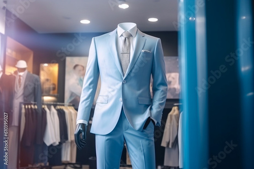 Elegant men's suit in the clothing store. Super photo realistic background, generative ai illustration