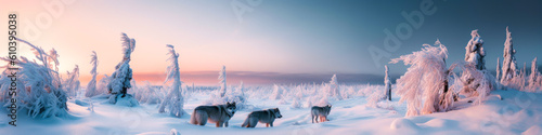 Wild wolves in a snow-covered tundra under skies filled with aurora. Ice-covered trees and the majestic presence of wolves make this landscape breathtaking. Generative AI