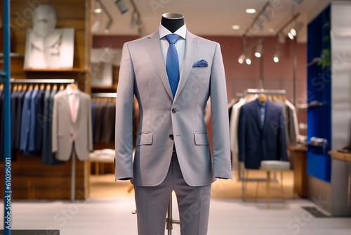 Elegant men's suit in the clothing store. Super photo realistic background, generative ai illustration