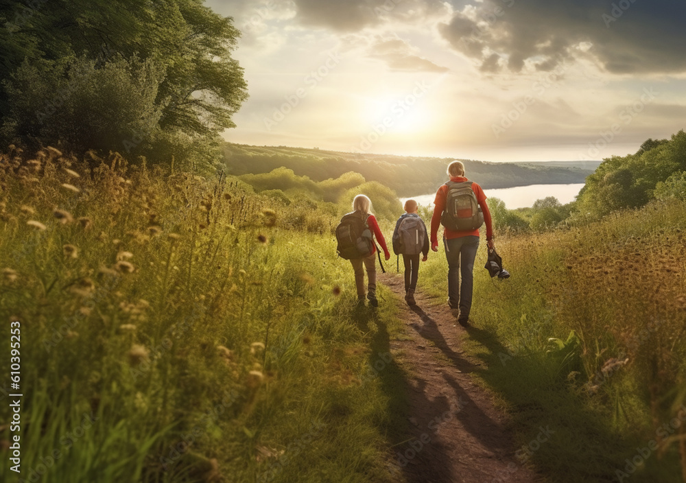 Obraz premium family hiking together on a nature generative AI
