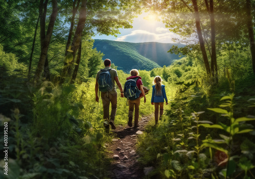 family hiking together on a nature generative AI