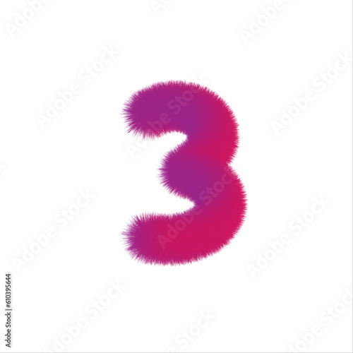 High Quality 3D Shaggy Number 3 on White Background . Isolated Vector Element