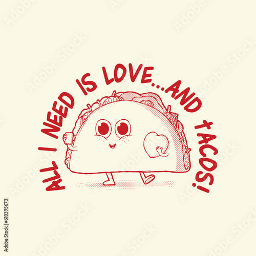 Taco Character holding a small heart vector illustration. Food, mascot, funny design concept.