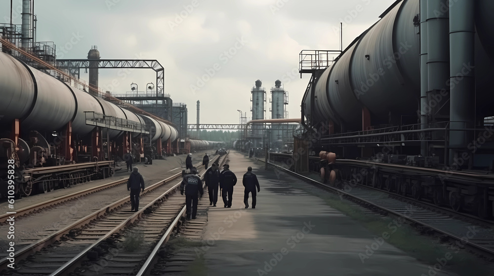Naklejka premium Refinery industry engineer are working and discussing at front oil and gas industrial factory,Oil refinery plant for industry