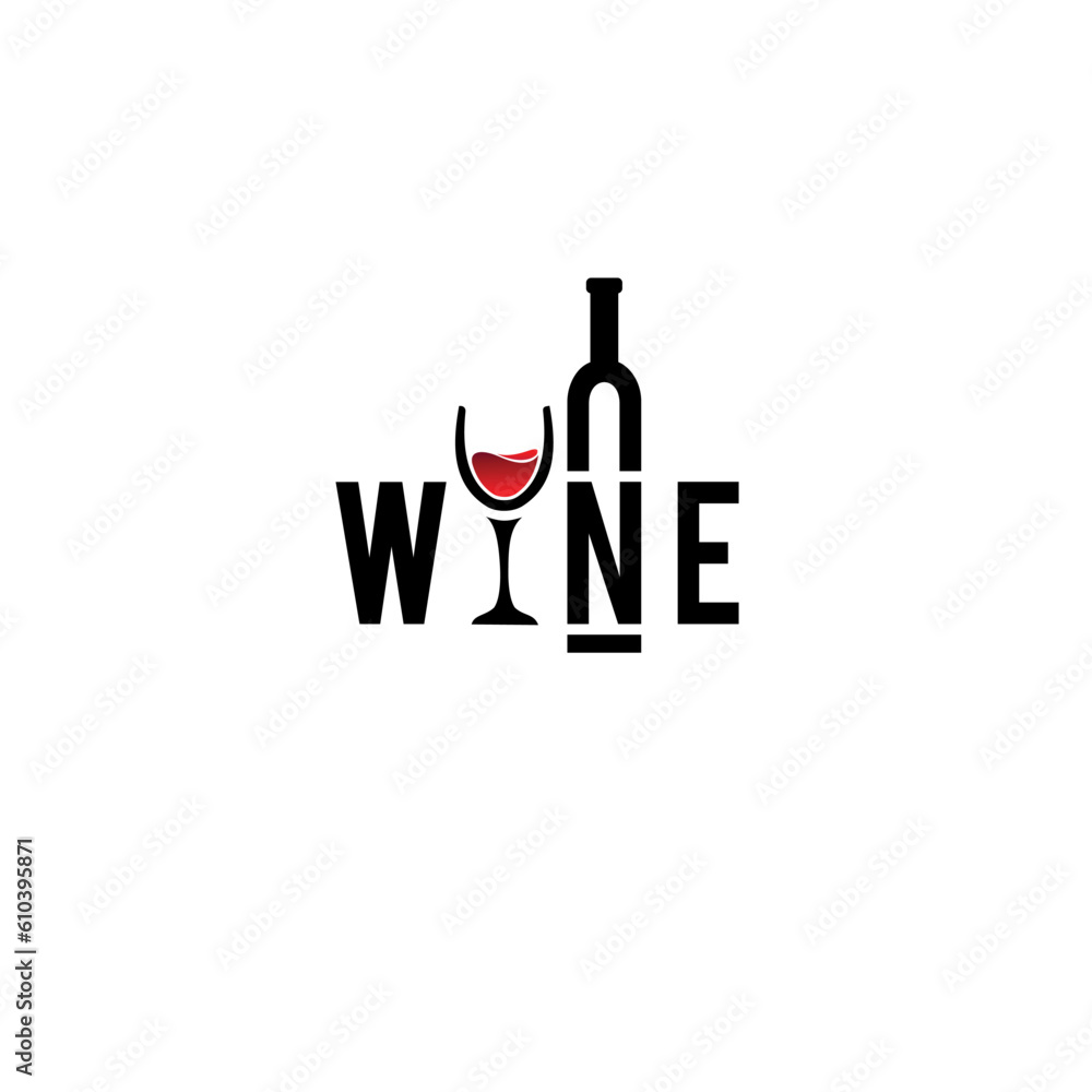 WINE Wordmark Logo - wine bottle and glass fused on the letters.