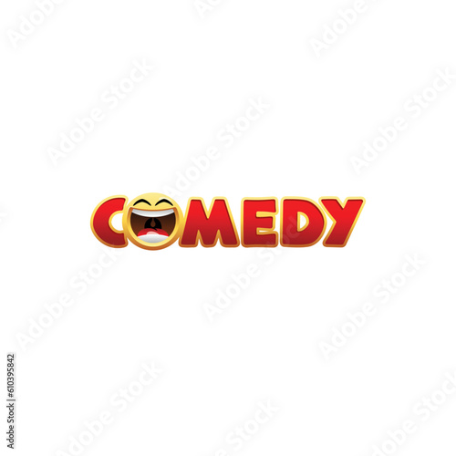 COMEDY Wordmark Logo - letter O becomes laughing emoticon symbol.