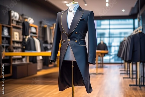 Elegant men's suit in the clothing store. Super photo realistic background, generative ai illustration