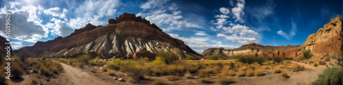 Captivating panorama of striking multicolored stratified rock formations, evoking awe and wonder, set against a deep blue sky with scattered clouds. Geology marvel. Generative AI photo