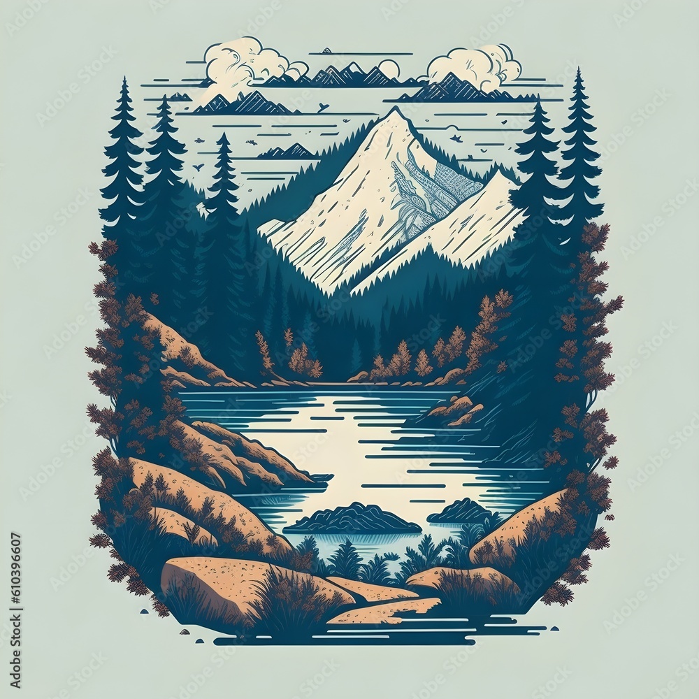 A detailed illustration of a lake, retro t-shirt graphic, generative ai