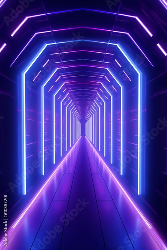 abstract futuristic tunnel with glowing lines on dark background created with AI 