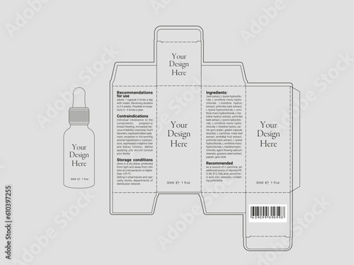 Editable outline vector image of cosmetic bottle and box with dieline box on neutral background photo