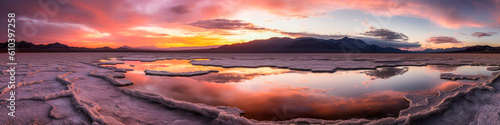 Stunning panoramic landscape of vast salt flats, reflecting awe-inspiring sky colors and an endless space illusion, evoking strong emotions and captivating visuals. Generative AI