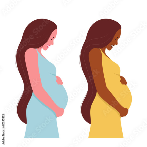 Two beautiful pregnant women of different races. 
Vector illustration in flat style. Isolated on white background.