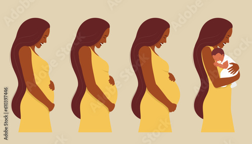 Pregnancy stages. Happy smiling beautiful woman in the first, second, and third trimesters of pregnancy and with a newborn baby. Vector illustration in a flat style. Isolated on a white background.