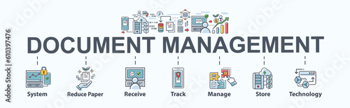 Document management banner web icon for business, system, reduce paper, paperless, receive, track, manage, store, cloud and technology. Minimal flat vector infographic.