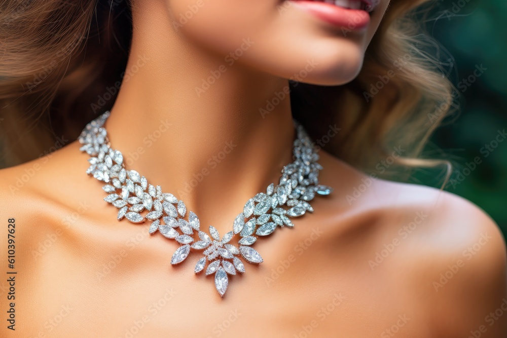 Enhancing her beauty, the necklace gracefully adorns the woman's neckline