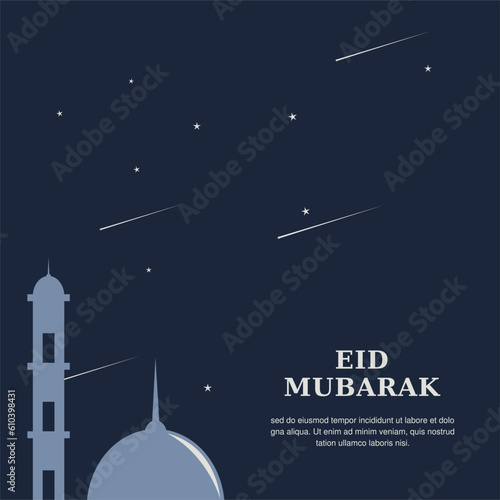 Eid mubarak greetings post design. Islamic festival eid wish or greeting background design with stars, mosque minaret, sky. Eid ul adha mubarak vector illustration.