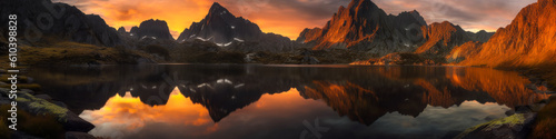 Majestic mountains reflected in the calm waters of an alpine lake, under a sky of shimmering sunset colors, offer a magnificent panoramic view. Generative AI