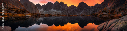 Breathtaking alpine landscape with majestic mountain range, mirrored in pristine lake waters under a warm-hued sunset sky; an emotion-evoking natural scene. Generative AI