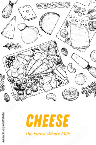Cheese sketch, hand drawn illustration, top view frame. Food design template. Package pattern. Vector illustration with collection of cheese. Engraved style image. Dairy farm products cheese.