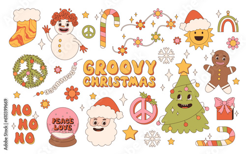 Groovy hippie Christmas stickers. Santa Claus, Christmas tree, gifts, rainbow, peace, holly jolly vibes, ho ho ho, winter, gingerbread in trendy retro cartoon style. Cartoon characters and elements.