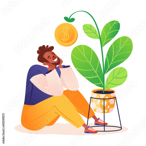 Young man in anticipation, joyfully awaiting profits, looking at growing money plant. In anticipation of success, profitable  investment. Metaphor, successful business, financial success.
