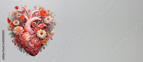 Human heart with flowers, love and emotion concept, good hearted person, help and charity, generative AI

