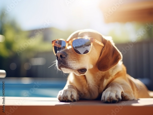 cane con occhiali sdraiato accanto la piscina  photo