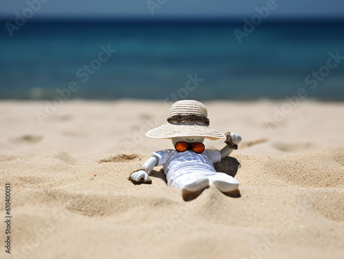 bambola del tessuto è stata lascata sulla sabbia al mare photo