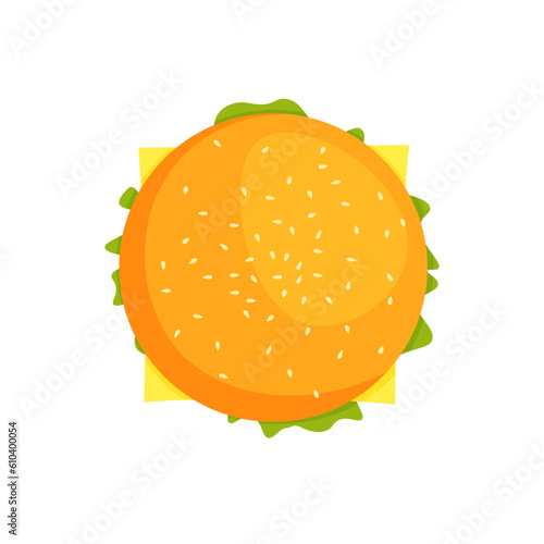 Vector hamburger top view. Burger with cheese, tomatoes, chop, lettuce. Fast food or junkfood meal. Illustration for menu design isolated on white.