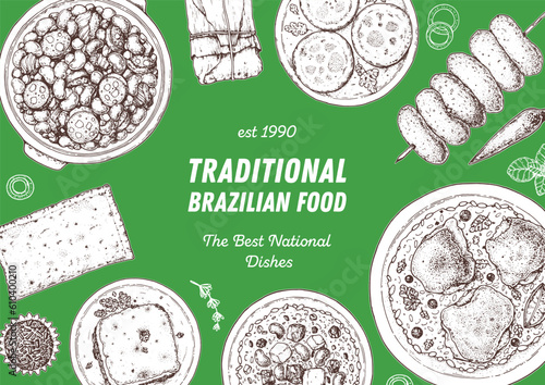 Brazilian food top view vector illustration. Food menu design template. Hand drawn sketch. Brazilian food menu. Vintage style. Feijoada, Pastel, Escondidinho, Baiao de dois, Galinhada, Churrasco