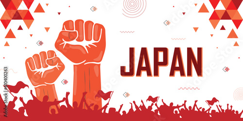 Japan flag color combination patriot banner, raised fist, human hands, cheering people, victory celebration, red geometric abstract background design, strike, parade, riot, protest or rally