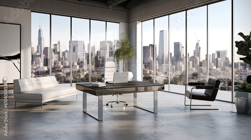 A sleek, minimalist office space with a glass desk, modern furniture, and a city skyline view - Generative ai © Filip