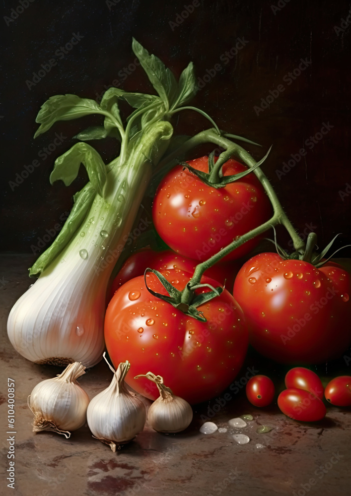 Fresh tomatoes on a branch, garlic and celery. Tomato still life. AI generated Fresh tomatoes on a branch, garlic and celery. Tomato still life. AI generated