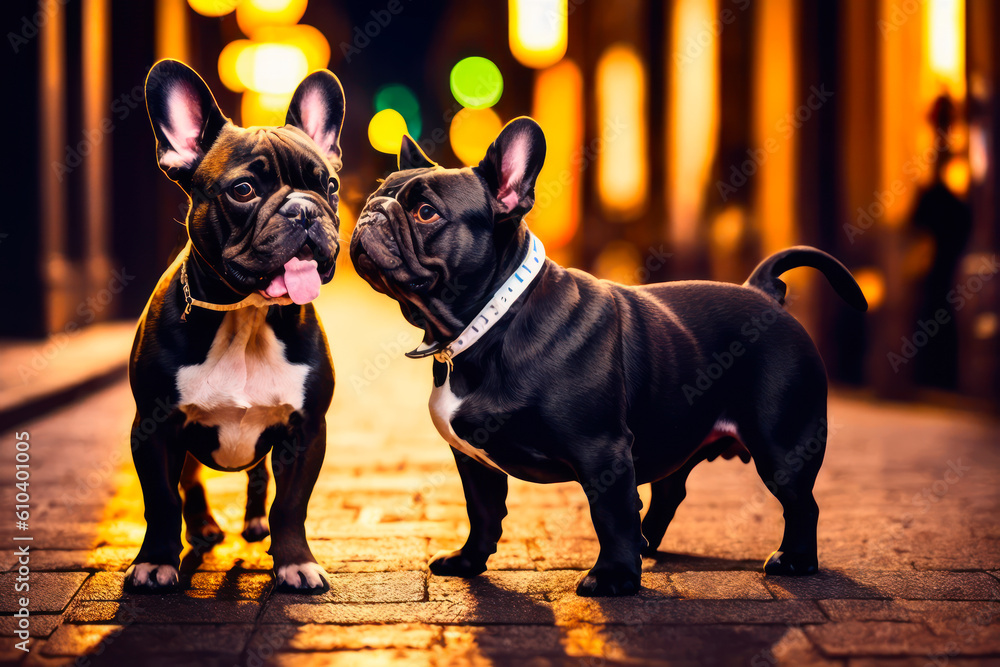 Digital photo of a cute French bulldog walking on the nights street. Generative AI